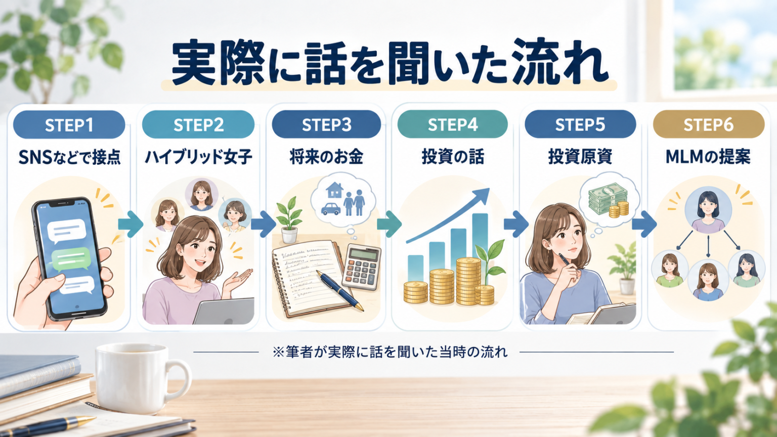 ハイブリッド女子について筆者が実際に話を聞いた流れ。SNSでの接点から将来のお金、投資、投資原資、MLMの提案までを整理した図解