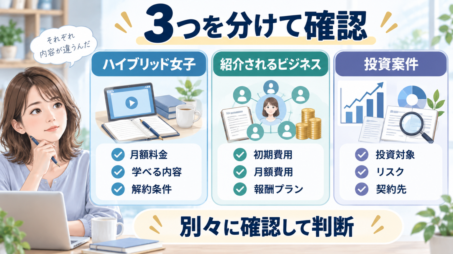 ハイブリッド女子、紹介されるビジネス、投資案件の3つを分けて確認するポイントを整理した図解
