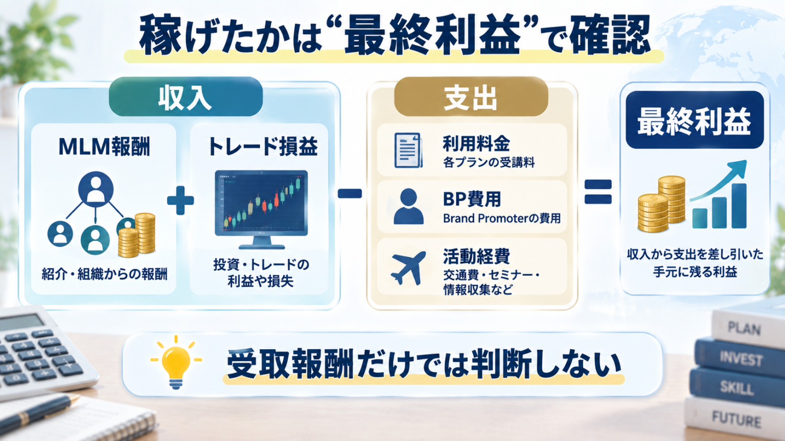 MLM報酬とトレード損益から利用料金や活動経費を差し引いて最終利益を確認する図
