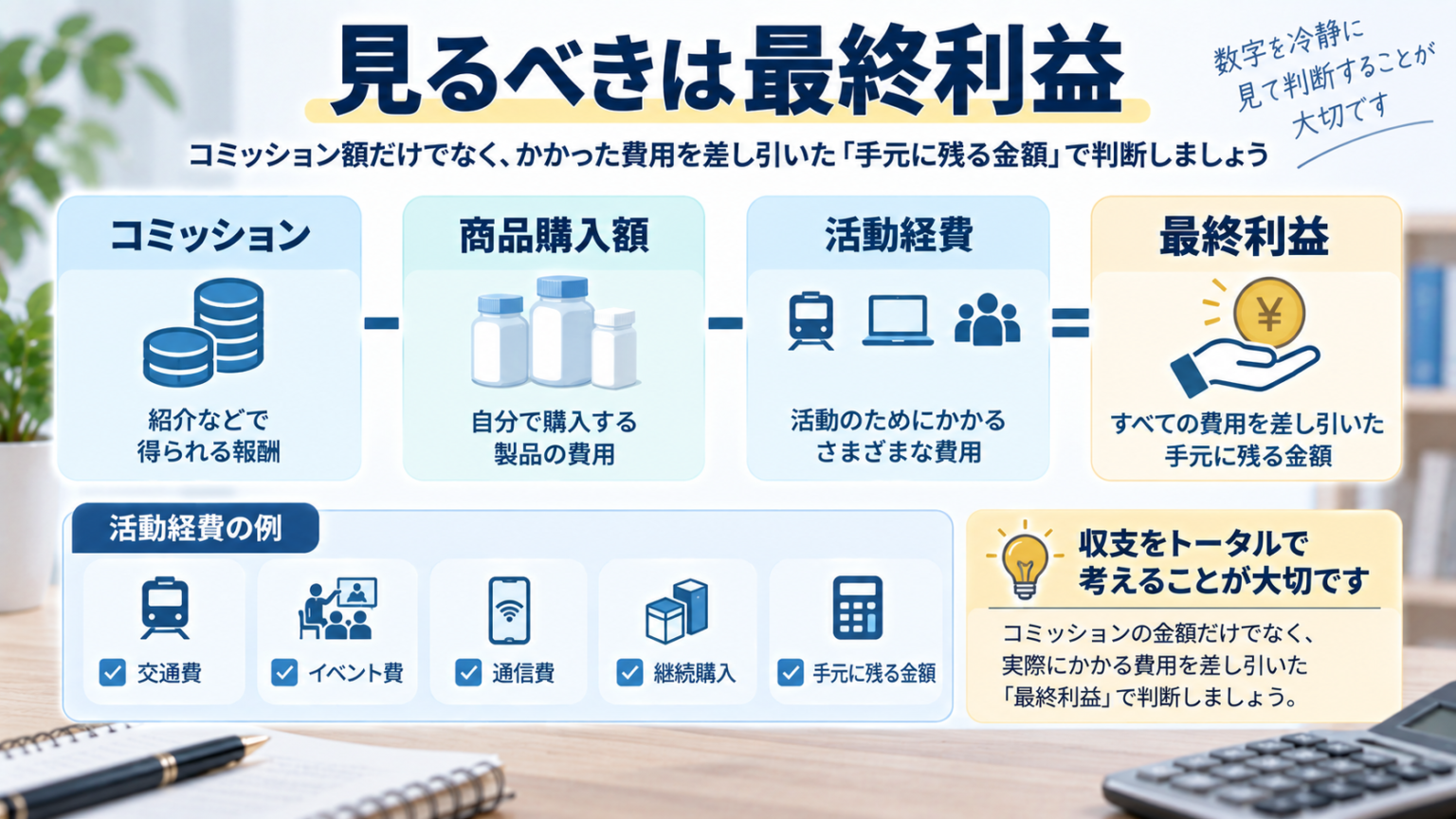 アッチェのコミッションから商品購入額と活動経費を引いて最終利益を確認する図