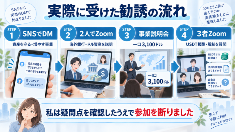 SNSのDMからZoom、事業説明会、3者Zoomへ進んだアジアンバンクの実際の勧誘の流れ