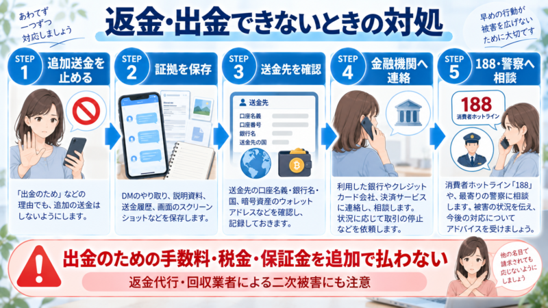 アジアンバンクで返金・出金できないときに追加送金停止から金融機関・188・警察相談まで行う手順