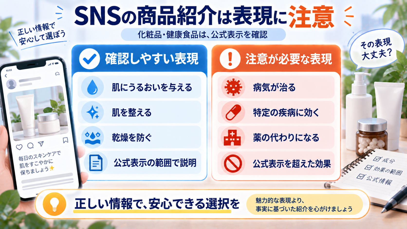 SNSで化粧品や健康食品を紹介するときの薬機法上の表現の注意点