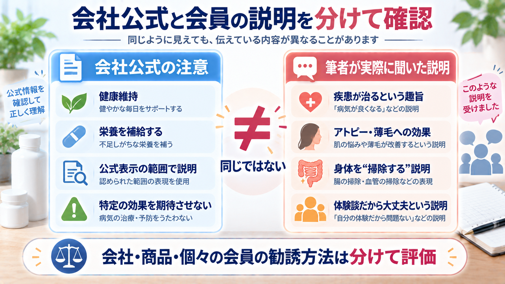 シナジーワールドワイド会社公式の注意と筆者が実際に聞いた会員の説明の比較