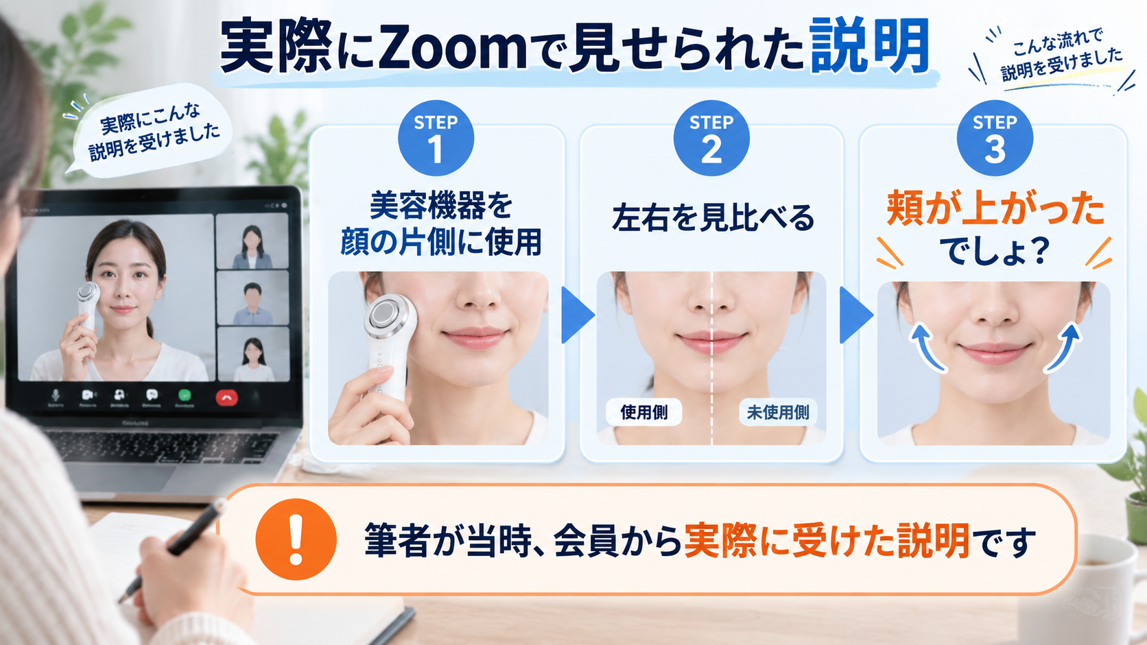 ニュースキンのZoom勧誘で美容機器を使用し頬の変化を説明された体験