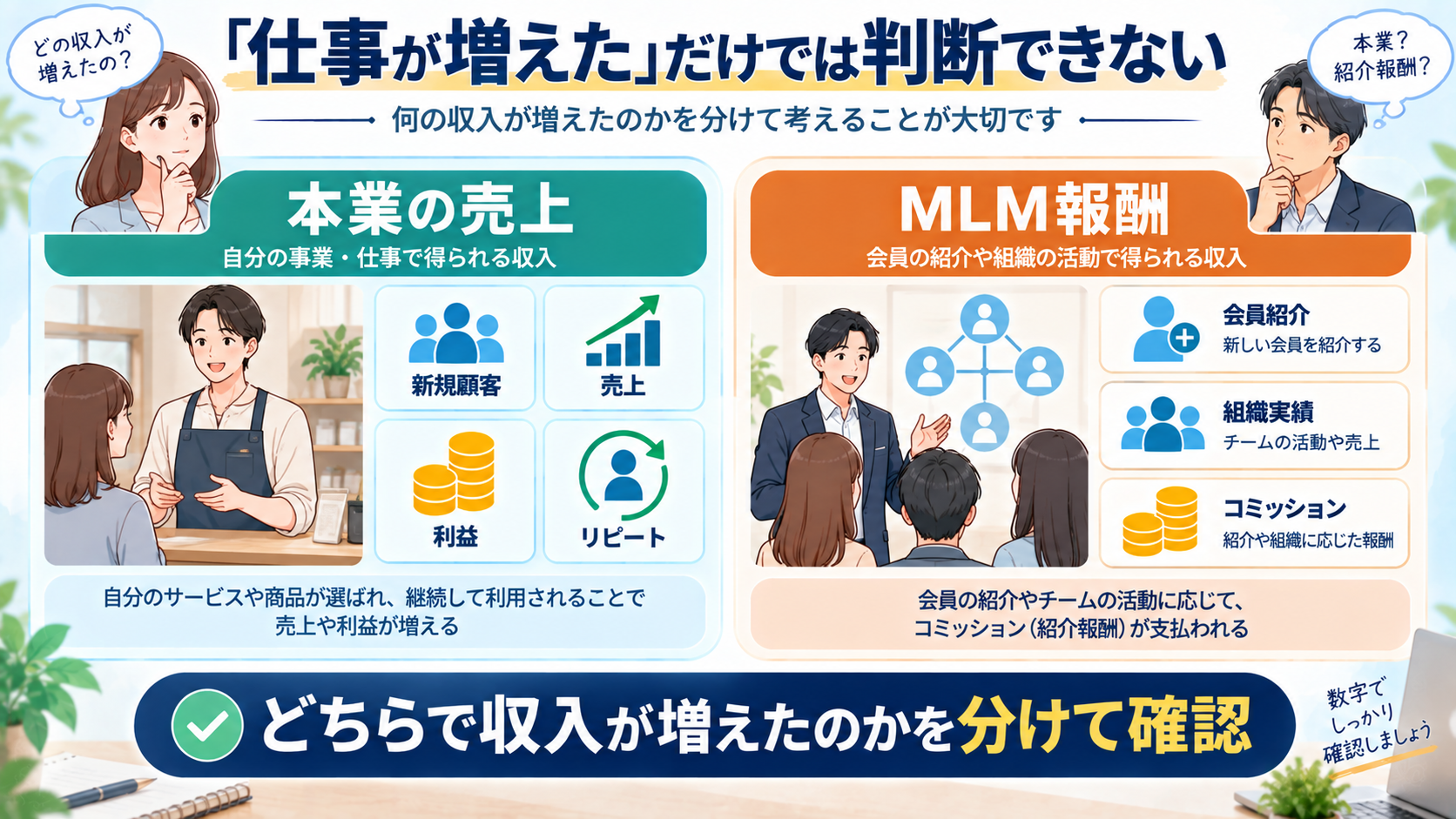 LINKで仕事が増えた場合に本業売上とMLM報酬を分けて確認する図解