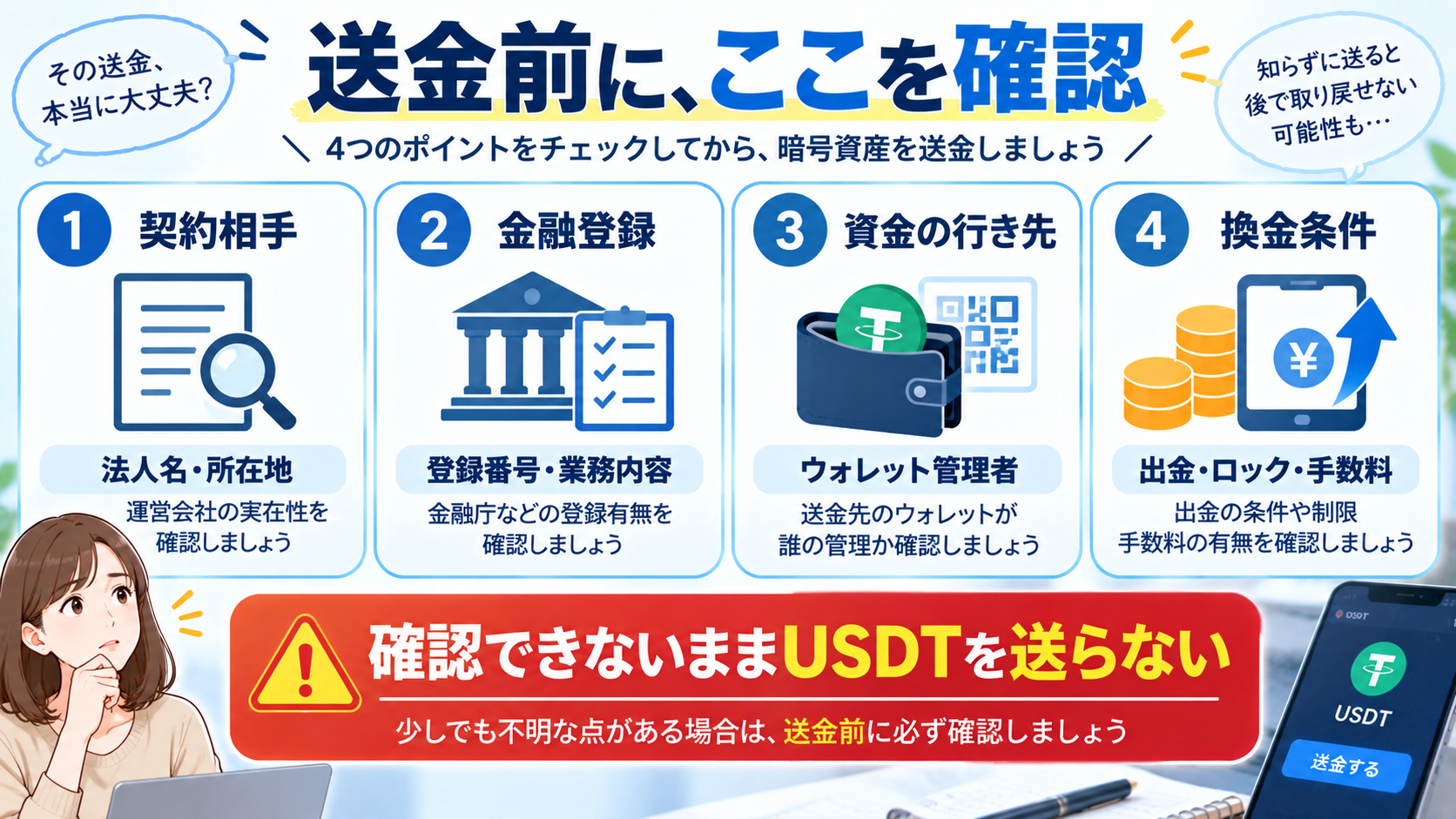 DHC・COLSへの送金前に契約相手、金融登録、資金の行き先、換金条件を確認する図解