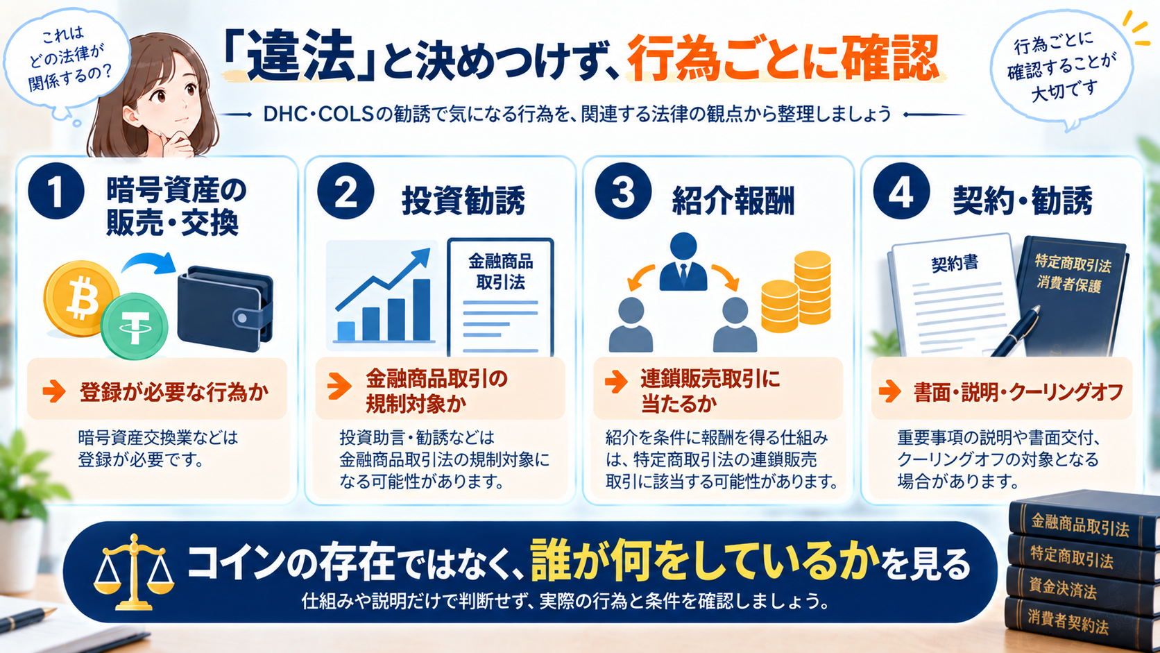 DHC・COLSの暗号資産販売、投資勧誘、紹介報酬、契約について法律上確認するポイントの図解