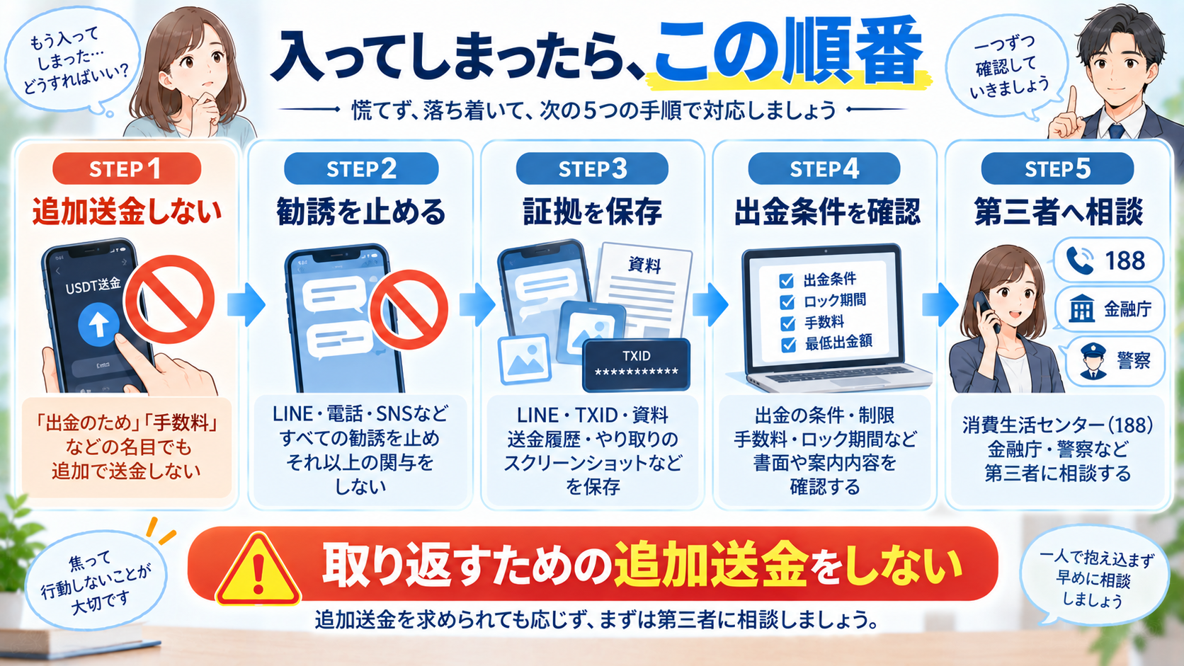 DHC・COLSに参加した人が追加送金を止め、証拠を保存し、出金条件を確認して第三者へ相談する手順