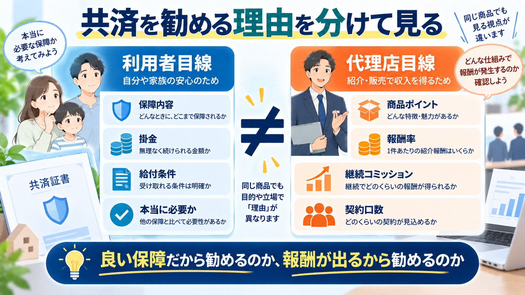 Next Aidの共済について利用者目線の保障内容と代理店目線の報酬を分けて考える図解