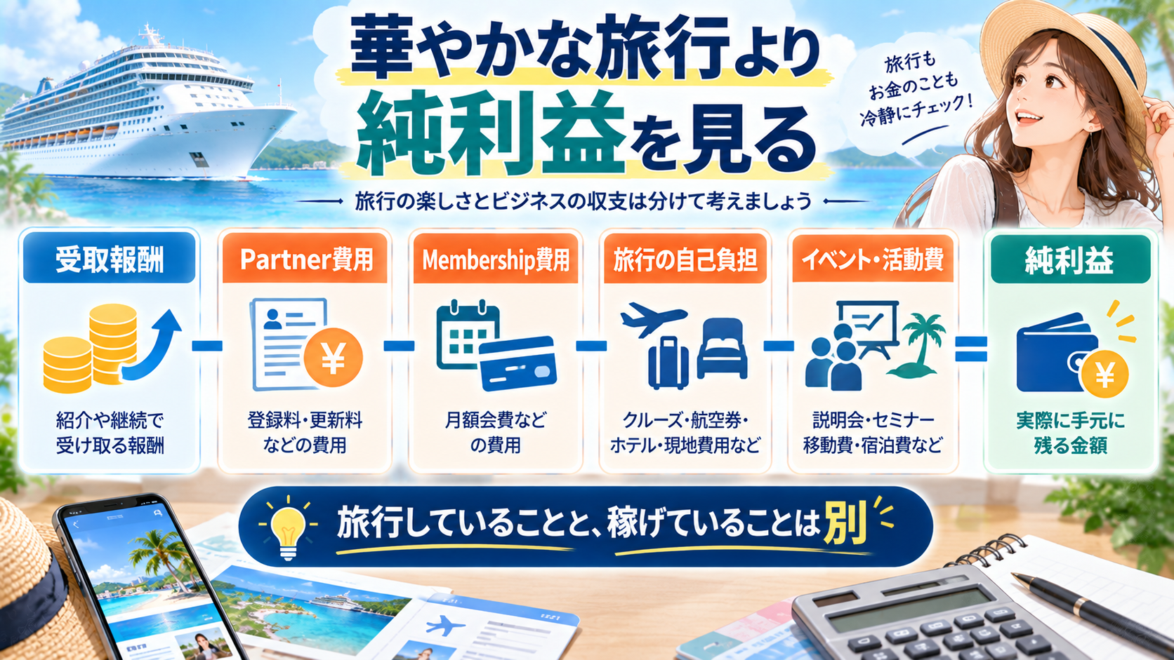 inCruisesの受取報酬からPartner費用、Membership費用、旅行自己負担、活動費を引いて純利益を見る図解