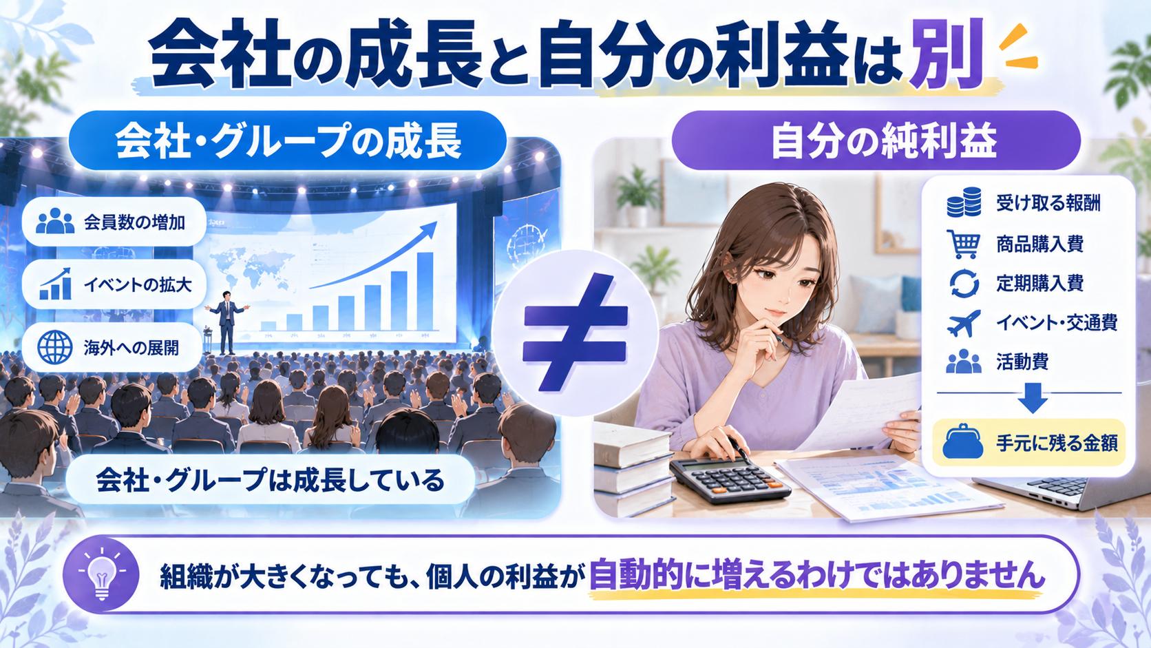 クオリアの会社やグループの成長と個人の利益は別であることを示す図解