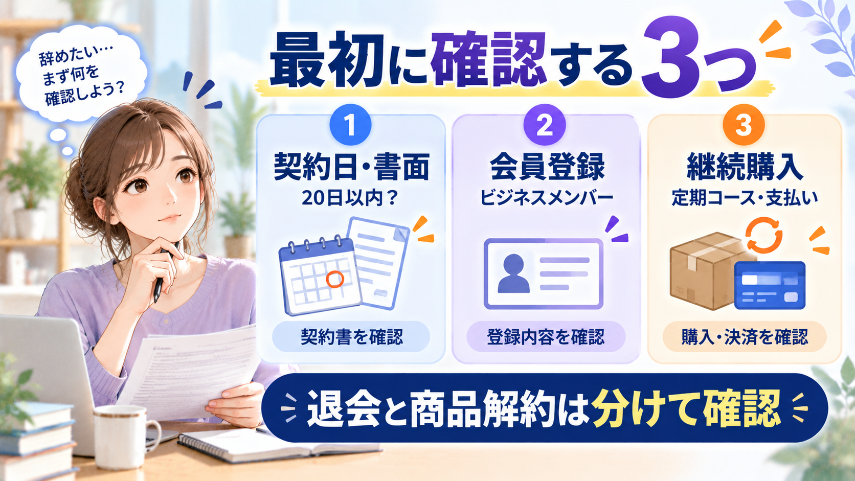 クオリアを辞める前に契約日・会員登録・継続購入の3つを確認する図解