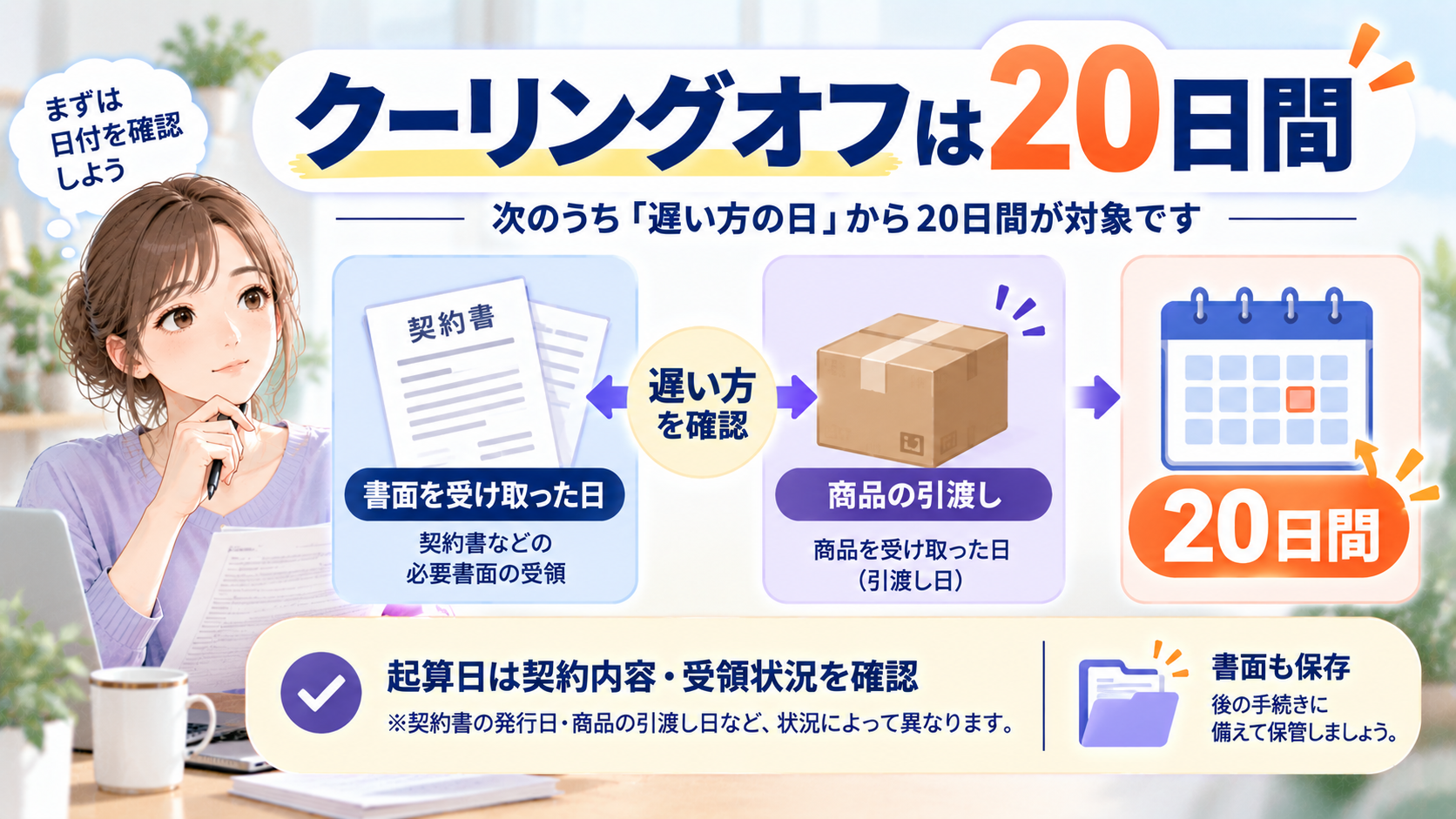クオリアのクーリングオフ20日間の起算日を契約書面と商品受取日から確認する図解
