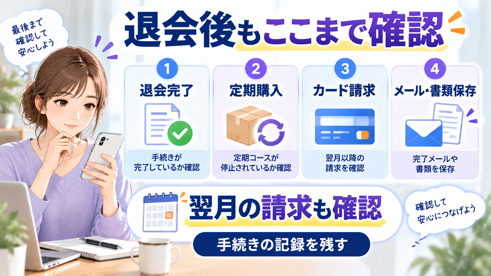 クオリア退会後に退会完了・定期購入・カード請求・メールや書類保存を確認する図解