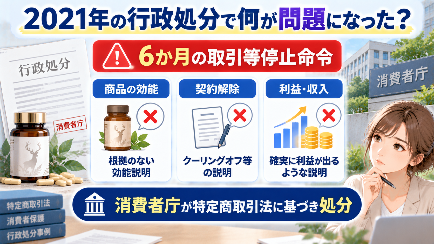 リーウェイジャパンが2021年に受けた行政処分で問題となった商品説明・契約解除・利益説明を整理した図解