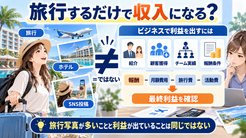 JIFUで旅行するだけでは収入にならず実際の費用と紹介活動を確認する必要があることを示す図