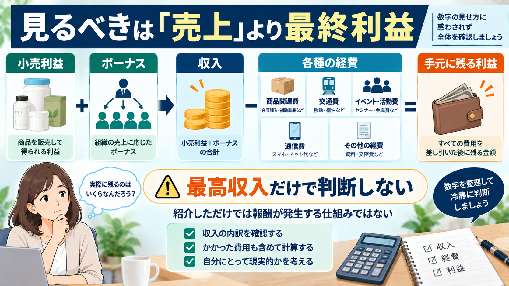 アムウェイの売上やボーナスから経費を差し引き最終利益を確認する図解