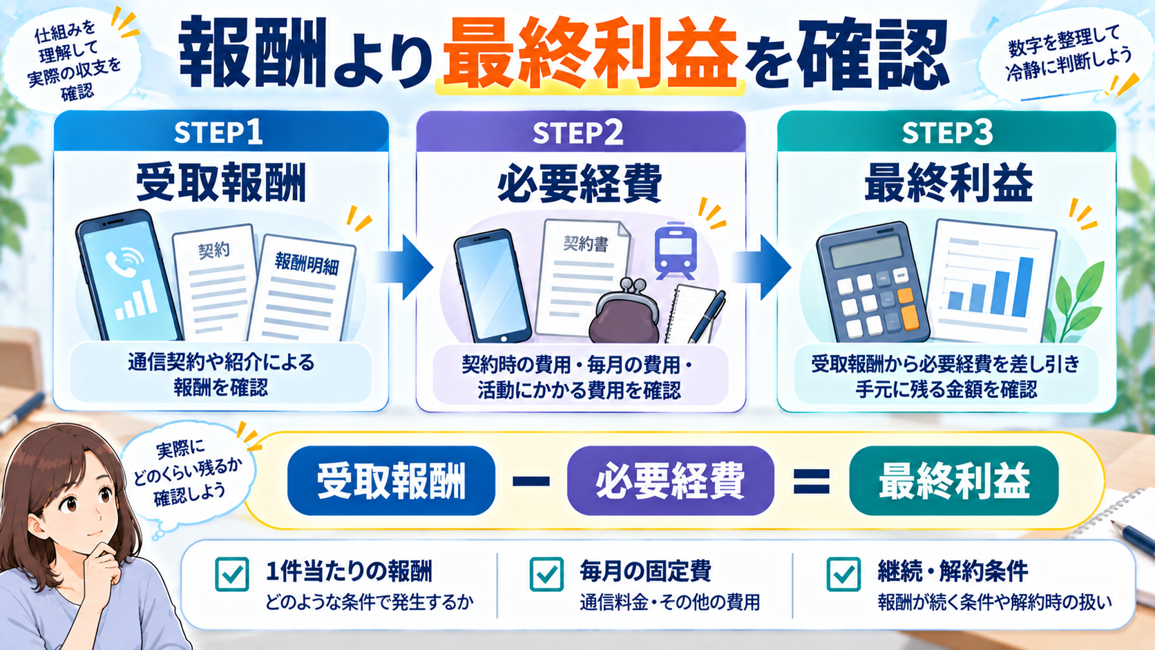 紹介報酬から必要経費を引いて最終利益を確認する図解