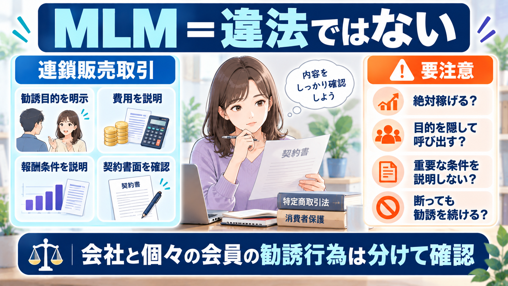 MLMそのものと勧誘方法の法律上の確認点を整理した図解