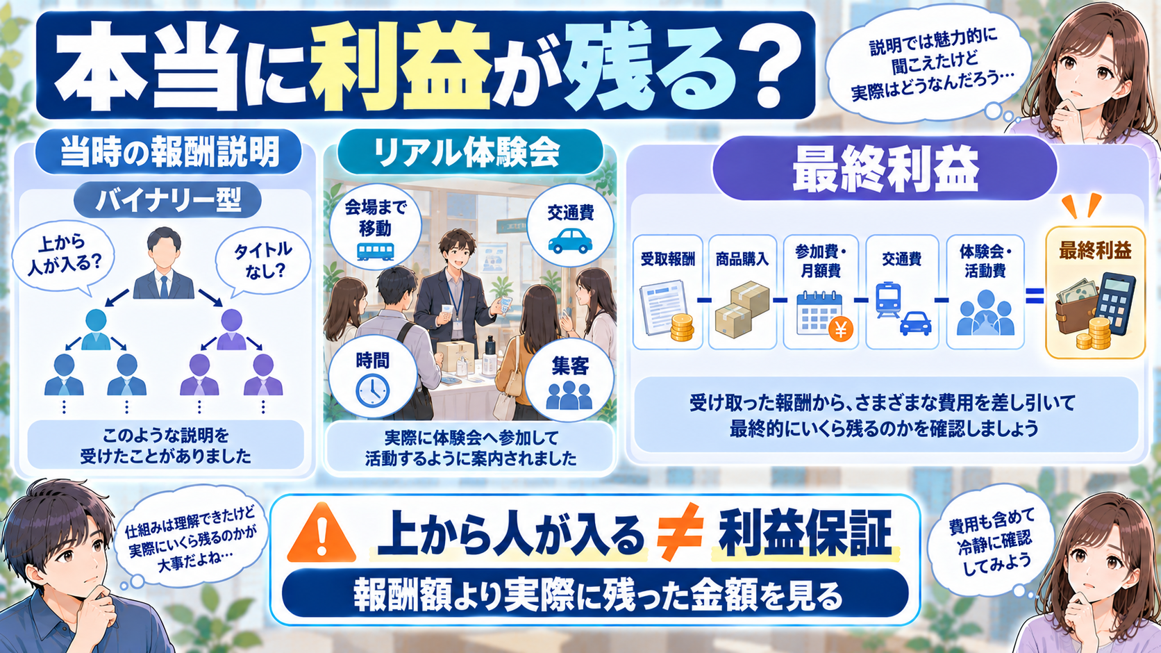 バイナリー報酬と体験会の活動費から最終利益を確認する図解