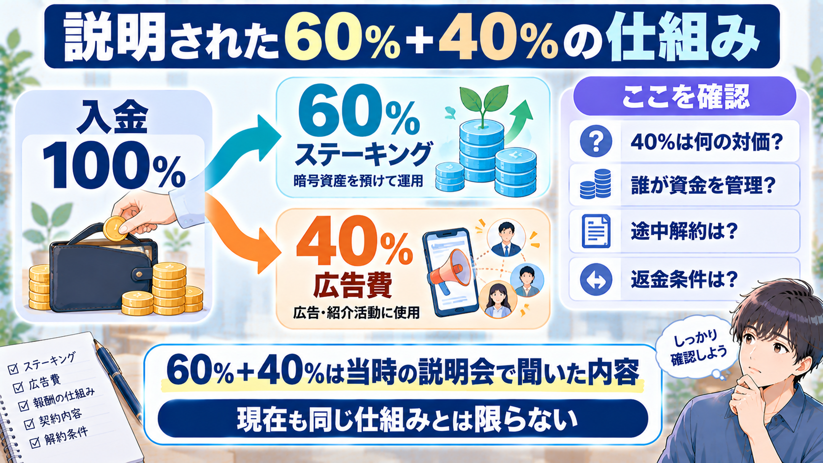 CDP説明会で説明された60%ステーキングと40%広告費の図解