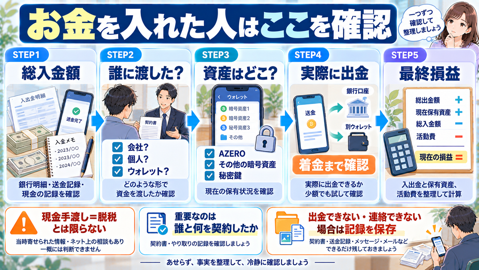 CDPへ資金を入れた人が総入金額から出金と損益まで確認する図解