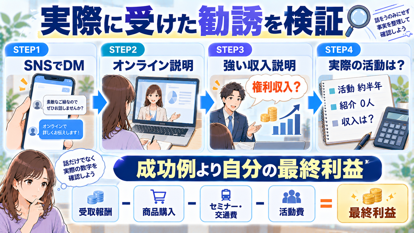 Qサイエンスで実際に受けた勧誘の流れと勧誘者の実績を整理した図解
