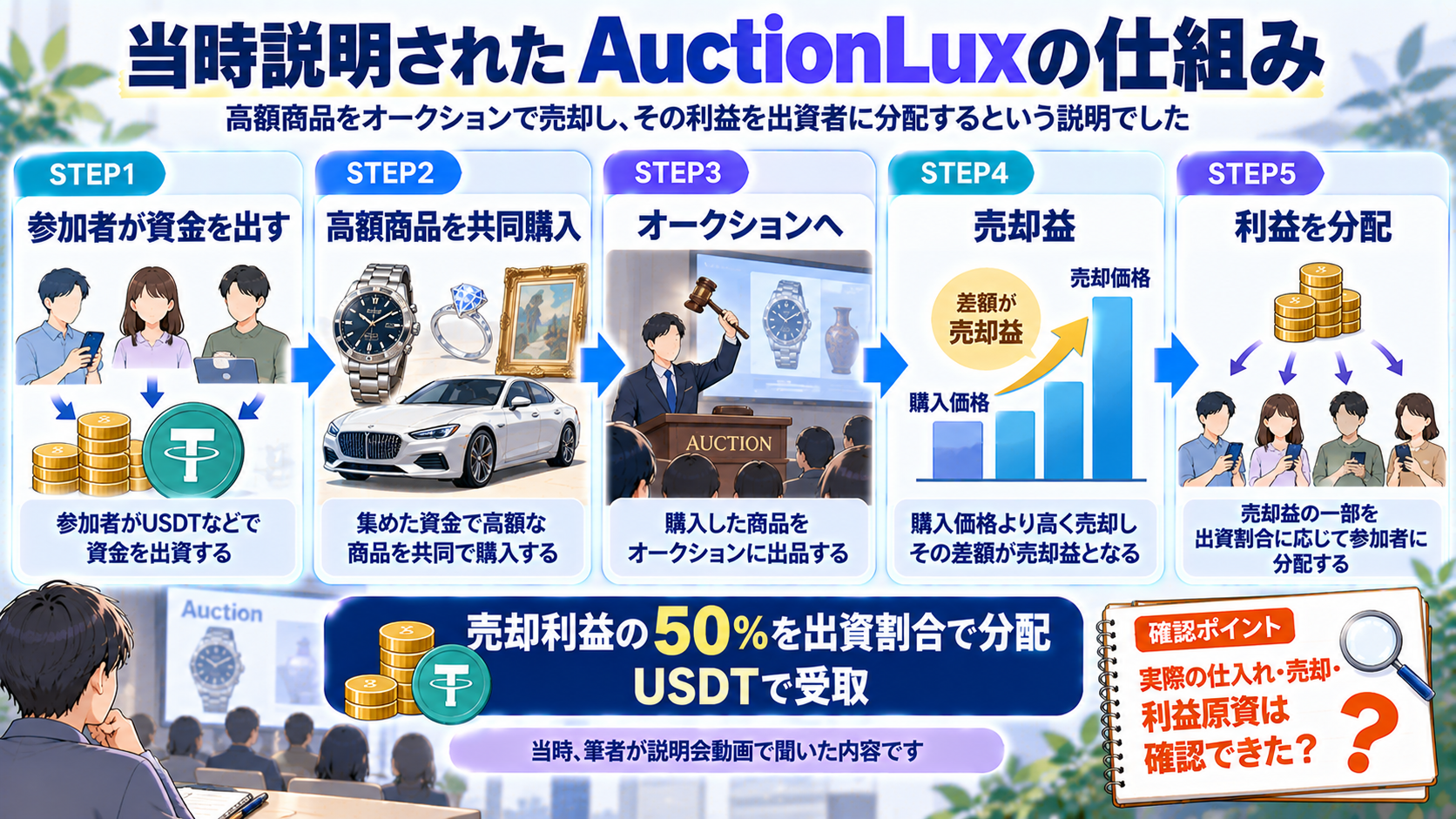 AuctionLuxの共同購入から利益分配までの説明図