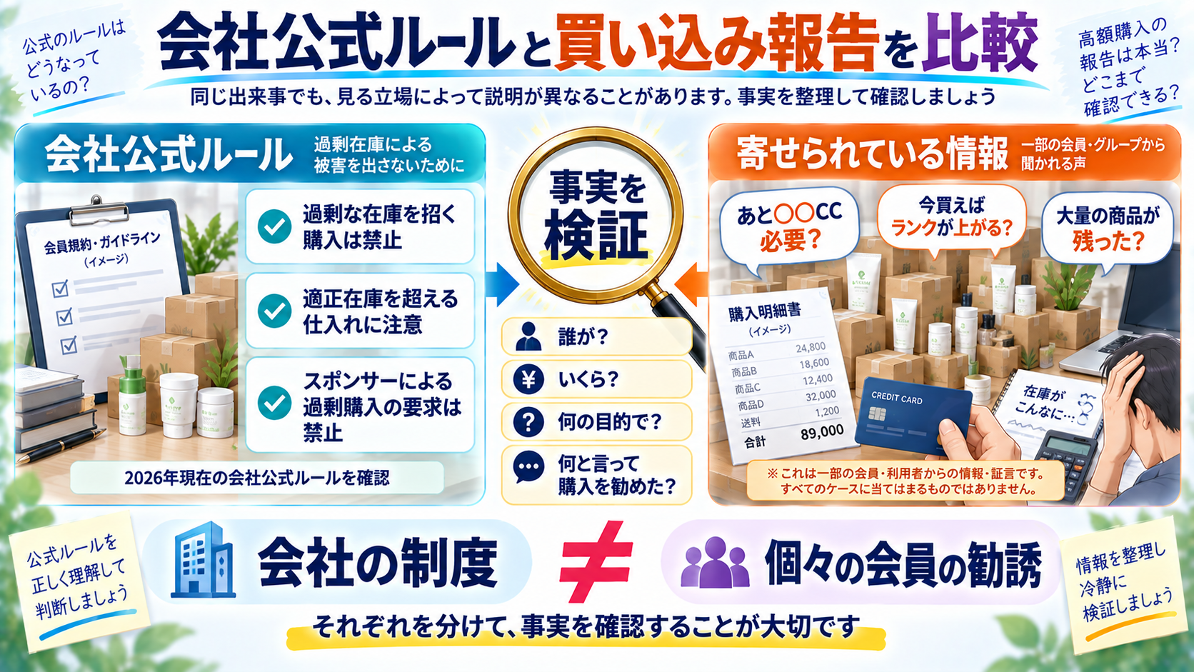 会社公式ルールと高額買い込み報告を比較する図解