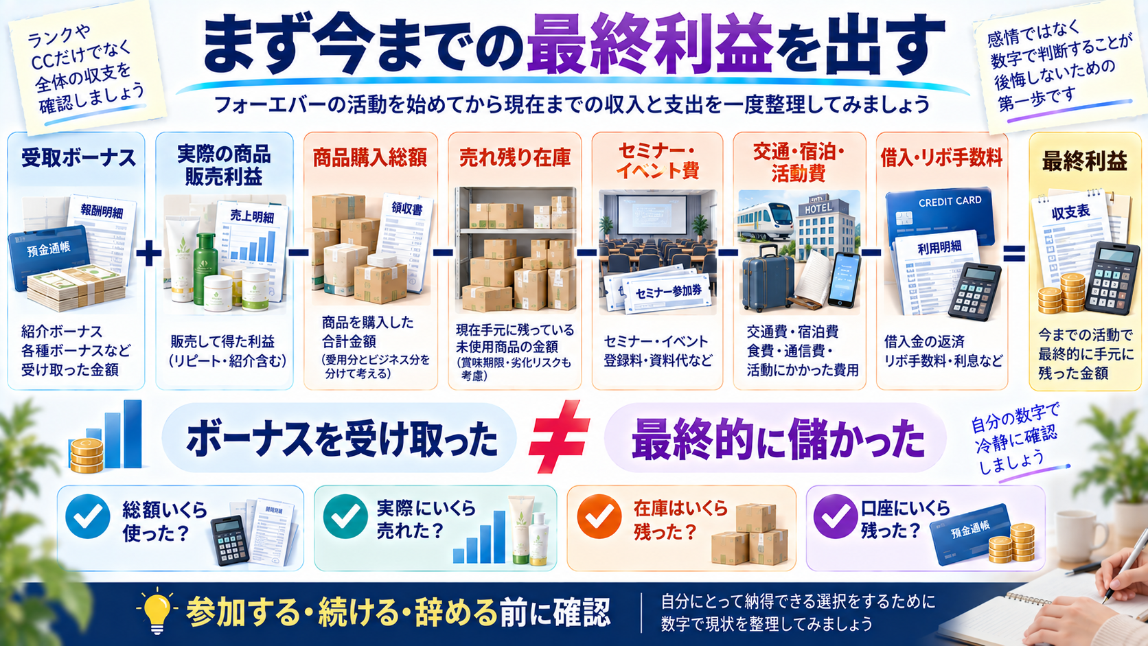 フォーエバーリビング活動の最終利益を確認する図解
