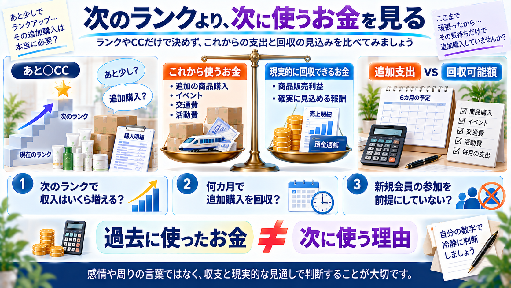 次のランクより追加支出と回収可能額を比較する図解