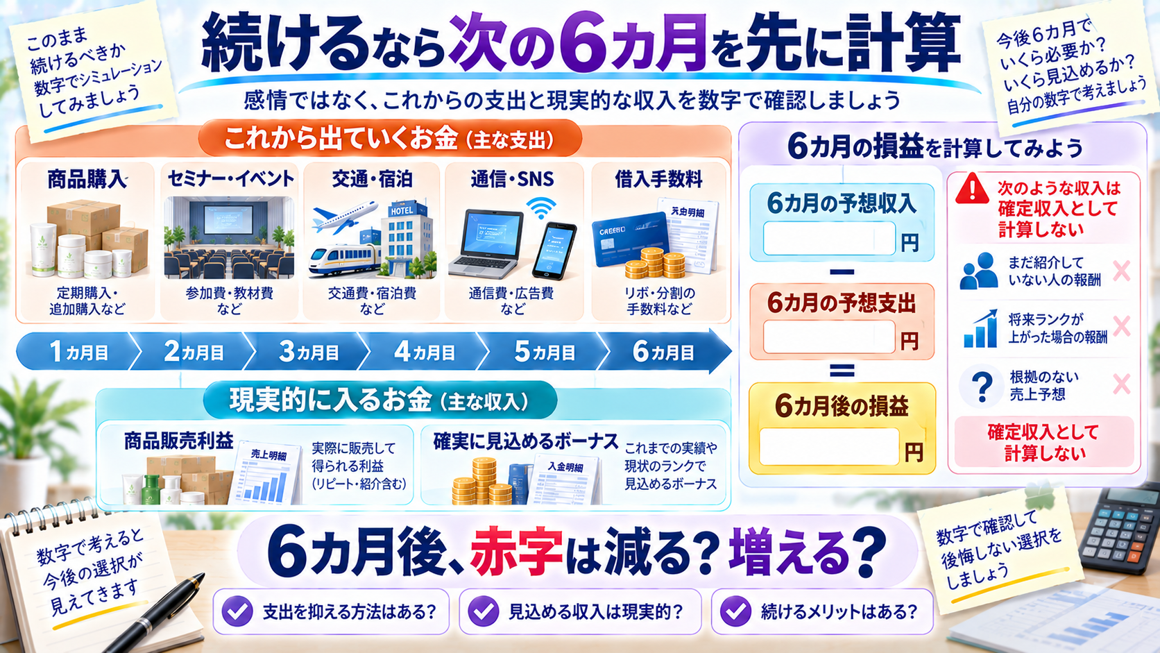 フォーエバーを今後6カ月続けた場合の損益を計算する図解