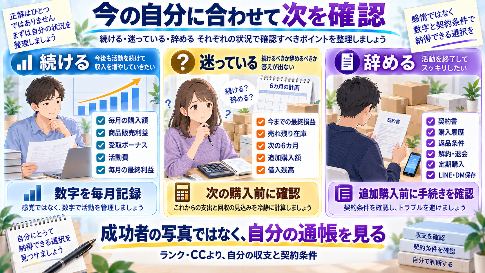 フォーエバーを続ける・迷っている・辞める場合の3方向チェック図解