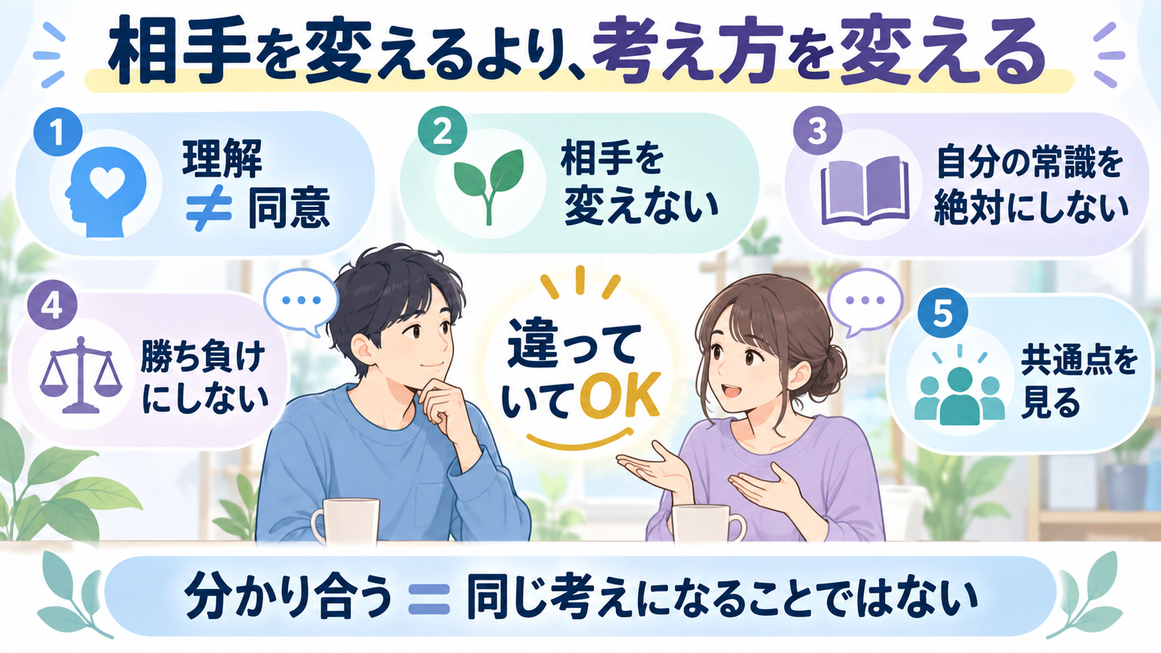 価値観が違う相手へのイライラを減らす5つの考え方の図解