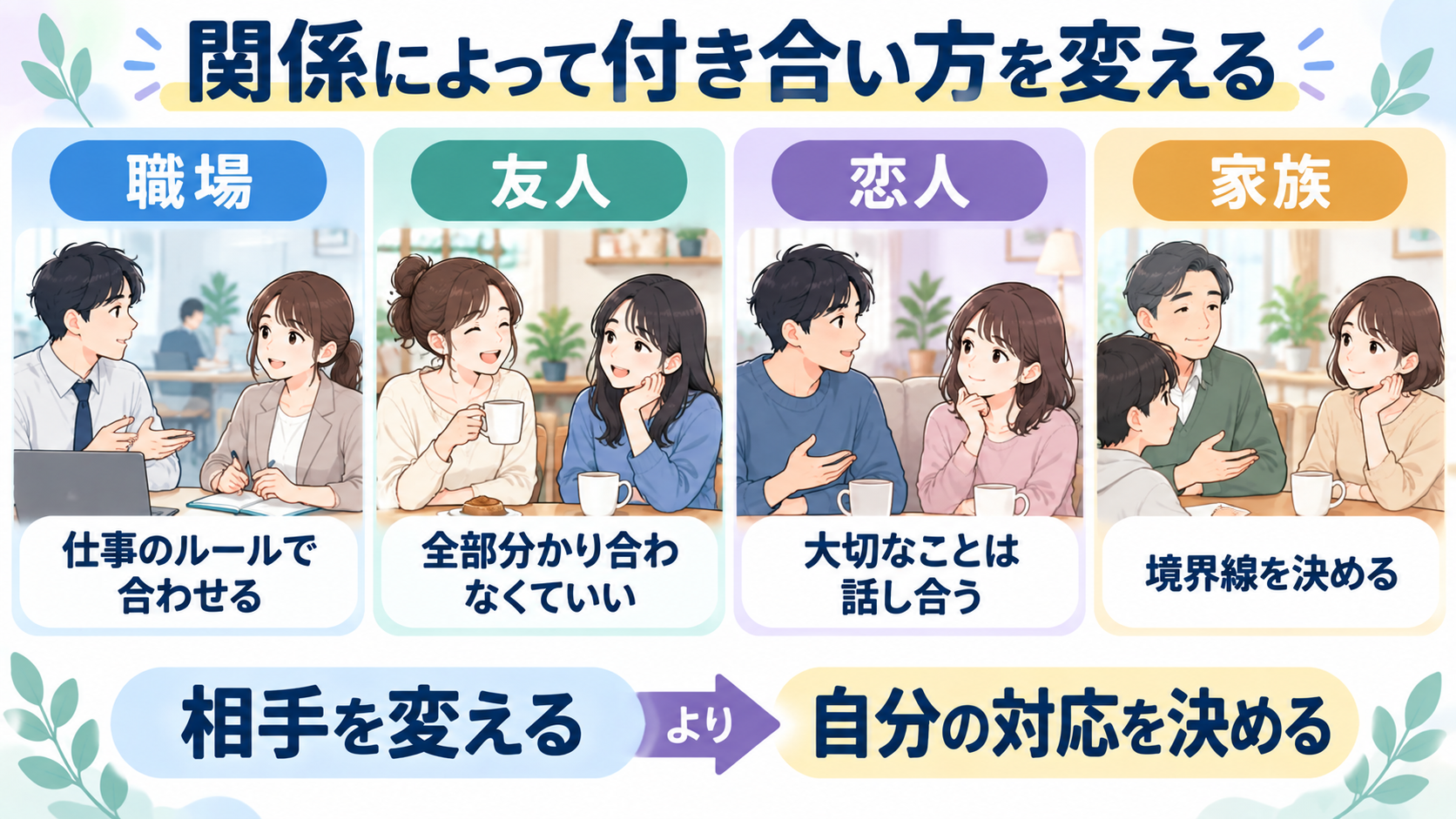 職場・友人・恋人・家族で価値観が合わない場合の対処法の図解
