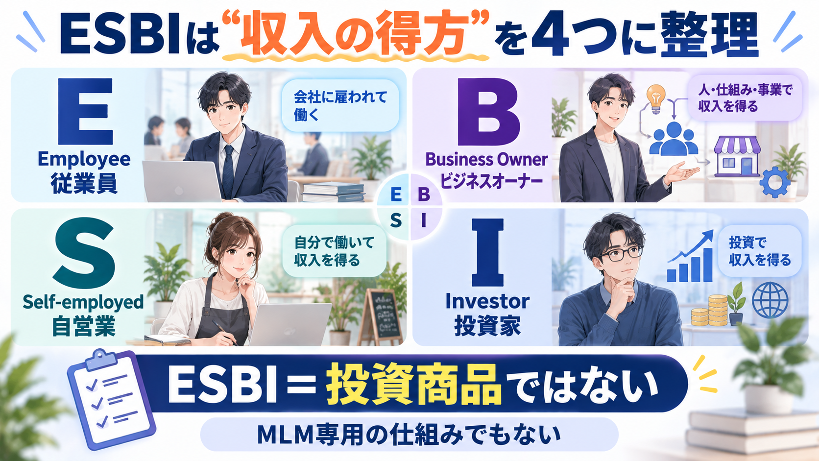 ESBIのE・S・B・Iという4つの収入の得方を整理した図解