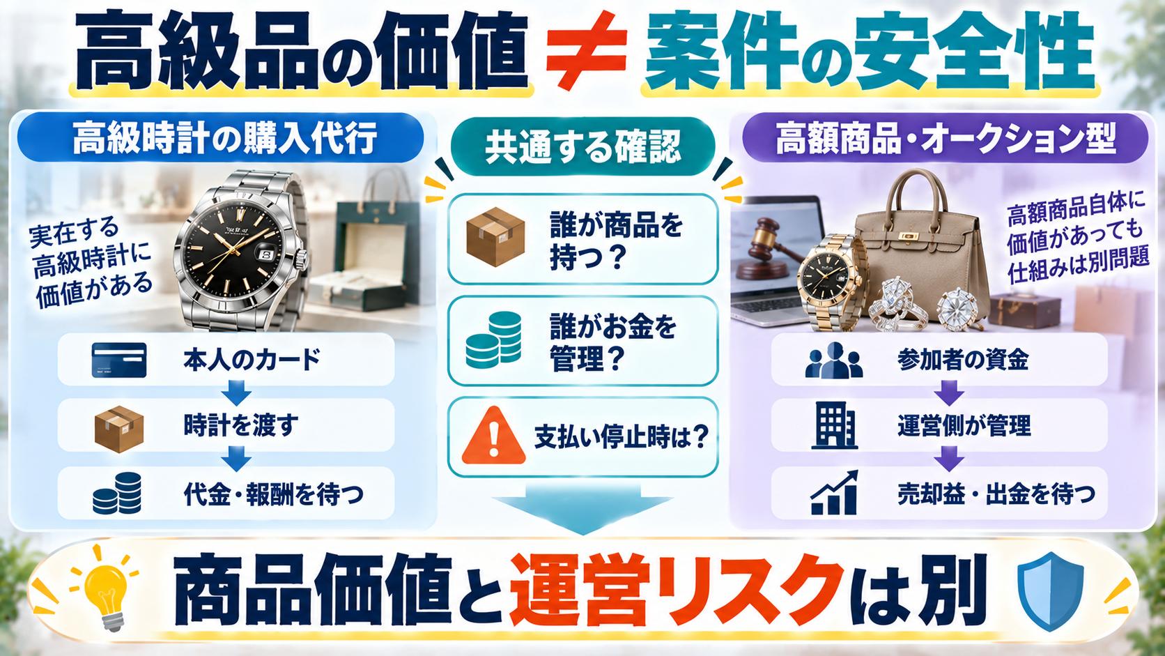 高級品の価値と案件の安全性は別であることを比較した図解