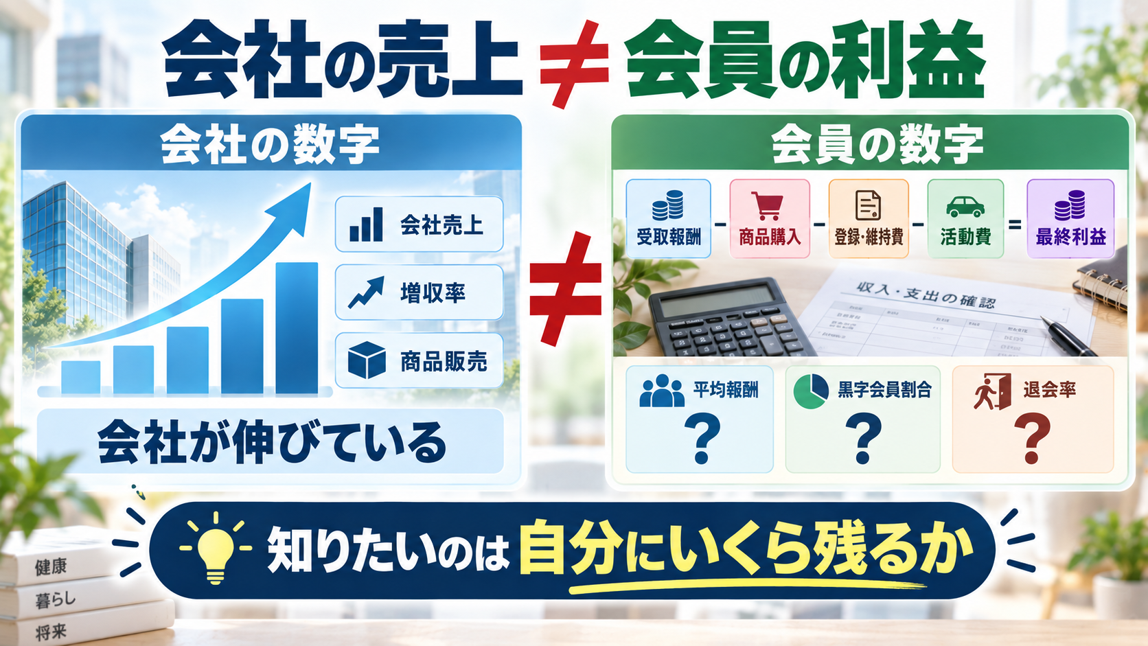 会社の売上と会員個人の最終利益は別の数字であることを示す図解
