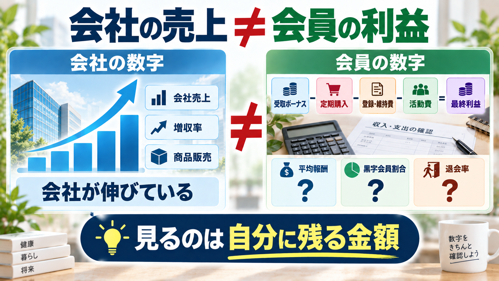 会社の売上と会員の利益は別の数字であることを示す図解