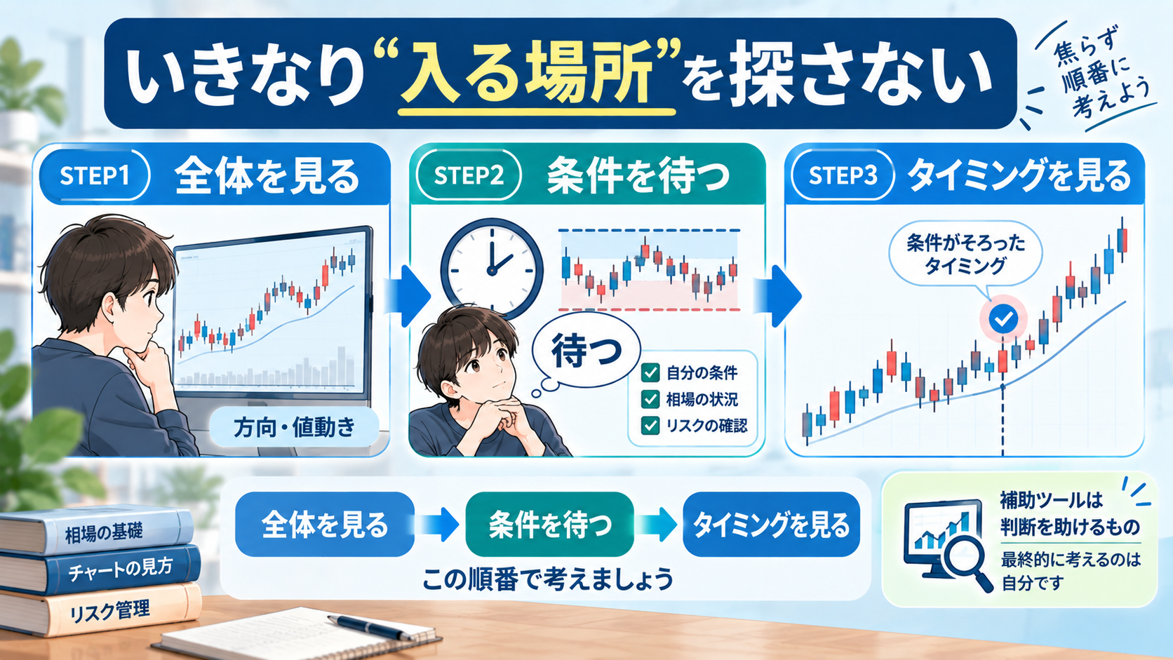 全体を見る・待つ・タイミングを見る流れ